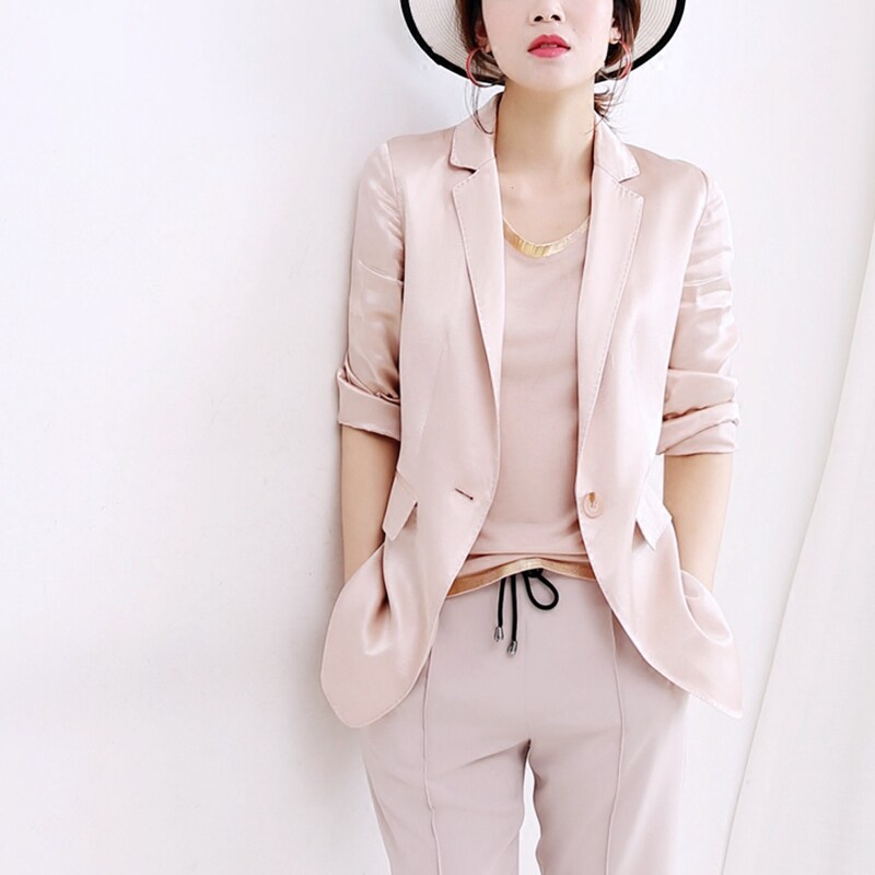 Day Ensemble Women's Clothing Temperament Extraordinary Pituality Bronze Ammonia Silk Small Suit Jacket Manicure 2019 Summer West Suit Women's Slim Fit