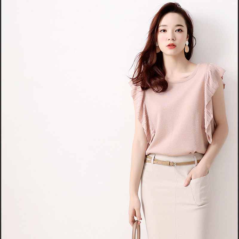 Day Ensemble Women's Dress Summer New Elegant And Slim Lotus Leaf Side Cuff for gold silver wire Insert Shiny Jersey Blouse