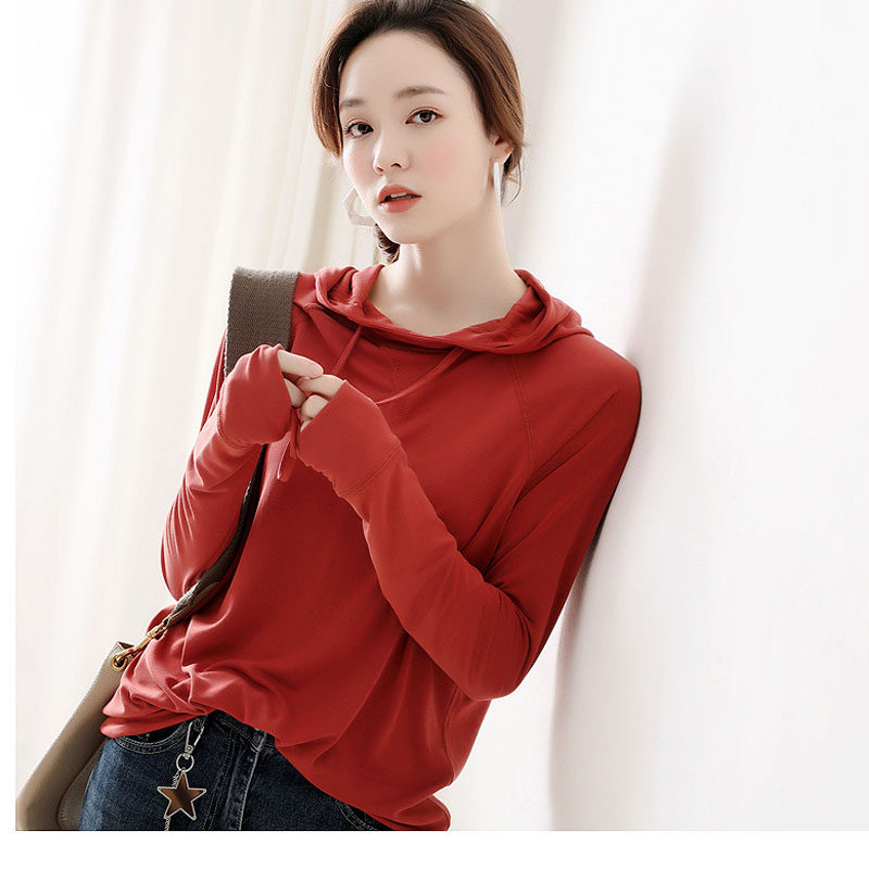 Day series women's clothing fall new extremely simple wind knockout comfort Modell loose Lean Elastic even cap Long sleeves thick cotton T