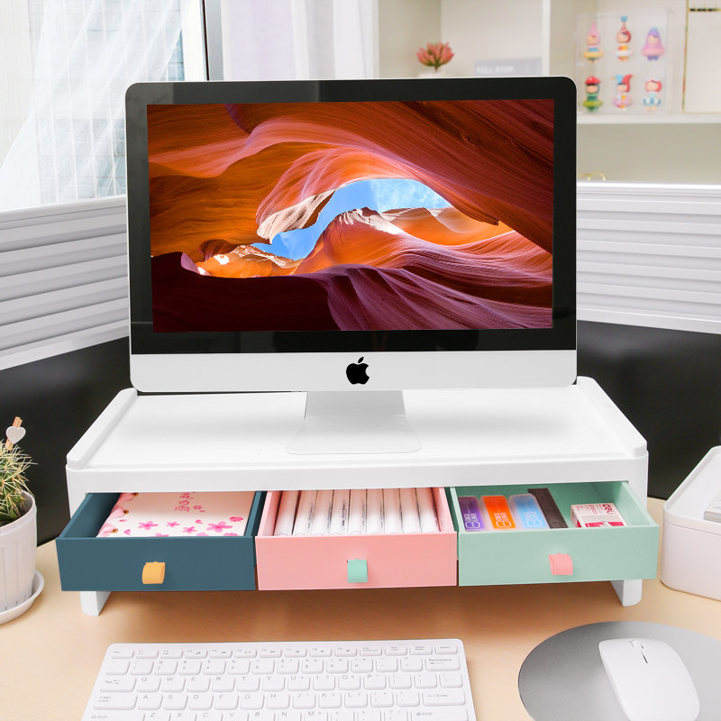 Computer monitor screen elevated shelf base office artifact desktop notebook desktop storage box storage