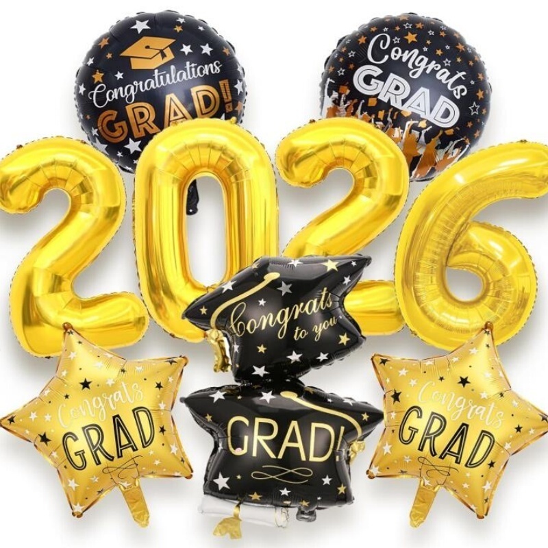 2026 Graduation Season Ceremony Decoration Balloon Set Gold Black Star Bachelor Cap Number Balloons Celebration Supplies