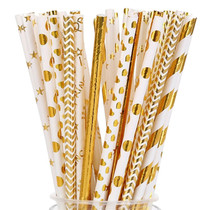 25 Nets Red Ins Bronzing Gold Striped Disposable Paper Straws Birthday Decorations Stars Loving Drink Juice Straws