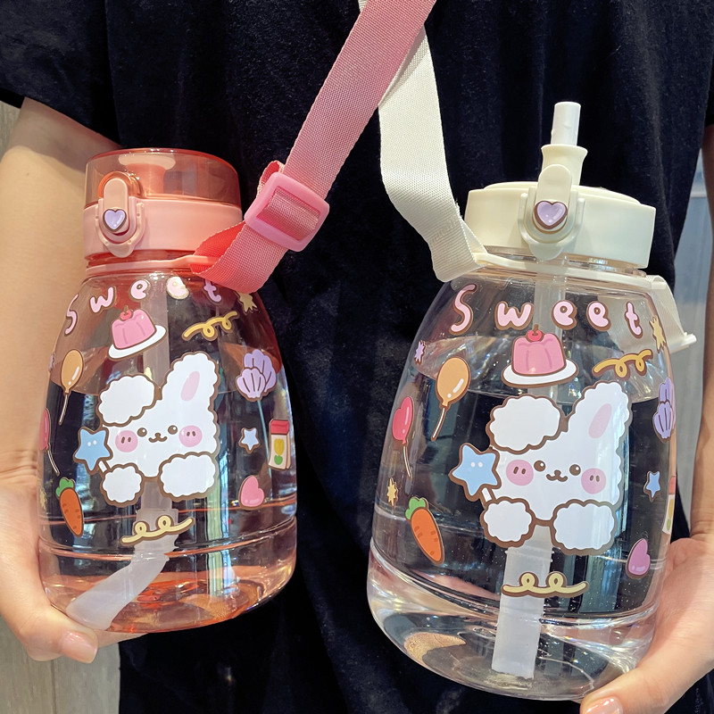 Summer mega-capacity plastic with straw water mug high face value schoolgirl anti-fall Han version cute braces kettle-Taobao