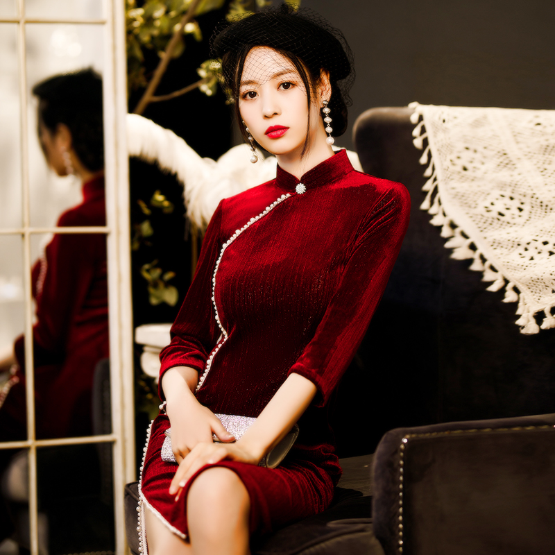 Winter burgundy evening dress for bride, velvet cheongsam from pearl, skirt, suitable for teen