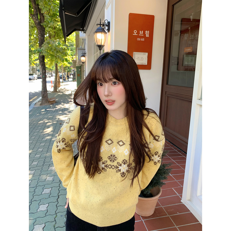 One Mint 95% Wool Korean Style Fair Isle Sweater for Women, Loose Pullover with Round Neck, Versatile Casual Knit Top One Mint 95% Wool Korean Style Fair Isle Sweater for Women, Loose Pullover with Round Neck, Versatile Casual Knit Top