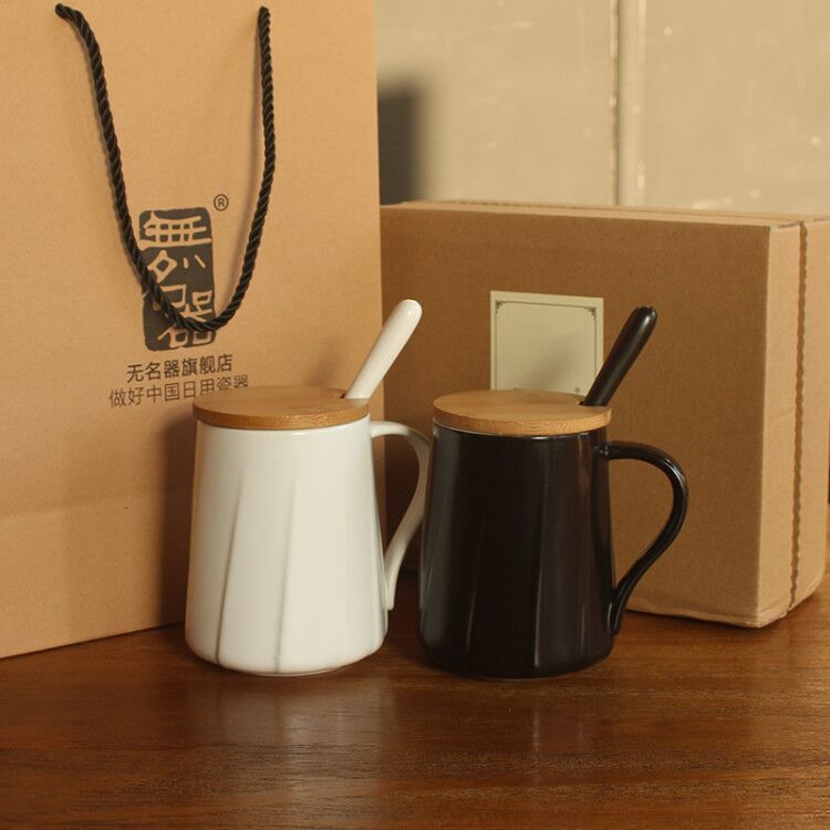 Minimalist Ceramic Couple Mugs, a Pair of Mugs with Lids and Spoons, Coffee Cups, Office Water Cups, Wedding