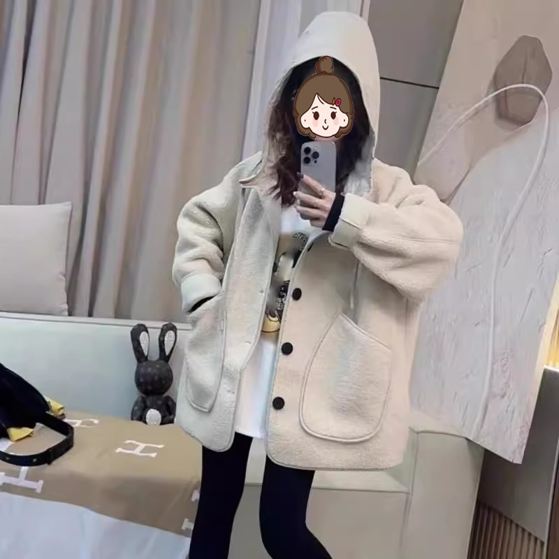 European-Style Thickened Hooded Lamb Wool Coat for Women, 2024 Autumn and Winter, Loose Fit, Large Pockets, Fur Integrated, Warm Top