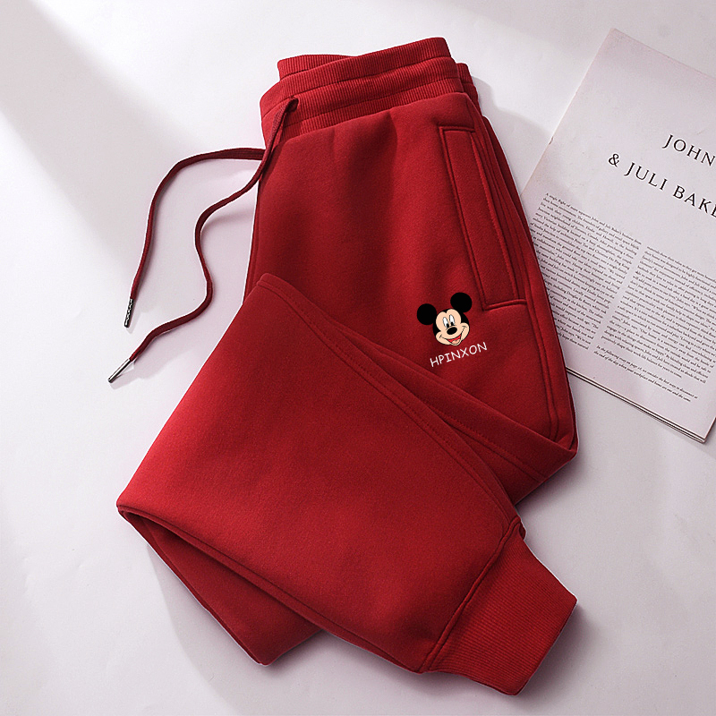 High-End Ins Pure Cotton Sports Pants for Women, Red, Spring/Summer Thin Style, Loose Casual Pants, Winter Fleece-Lined Joggers