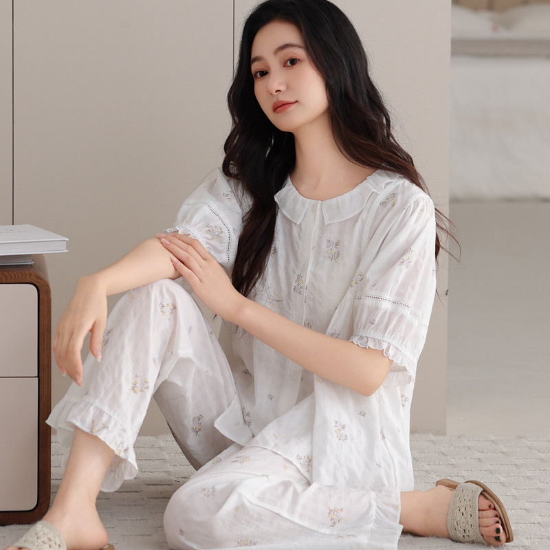 Vivian｜Bubble Cotton Women's Pajamas, Summer Cool Thin Cotton Short-Sleeved Long Pants Loungewear Set for Wearing Outside