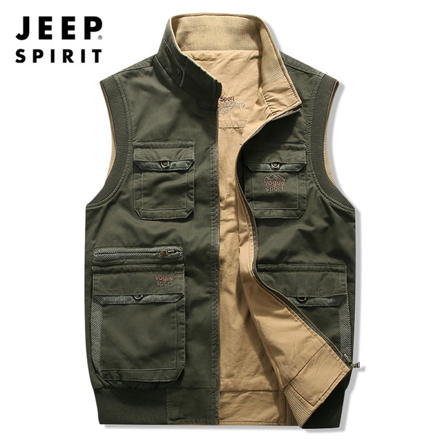 JEEP Jeep Workwear Vest ຜູ້ຊາຍພາກຮຽນ spring ແລະດູໃບໄມ້ລົ່ນກາງແຈ້ງປີ້ນກັບກັນໄດ້ຂະຫນາດໃຫຍ່ບວກກັບຫຼາຍຖົງຜ້າຝ້າຍ Jacket