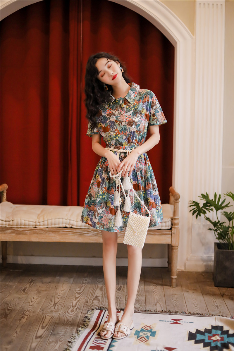 VK旗艦店 韓系復古花色顯瘦腰帶襯衫氣質短袖洋裝