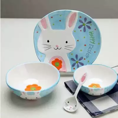 Cute cartoon children's bowl chopsticks set household ceramic tableware creative students beautiful eating bowl gifts