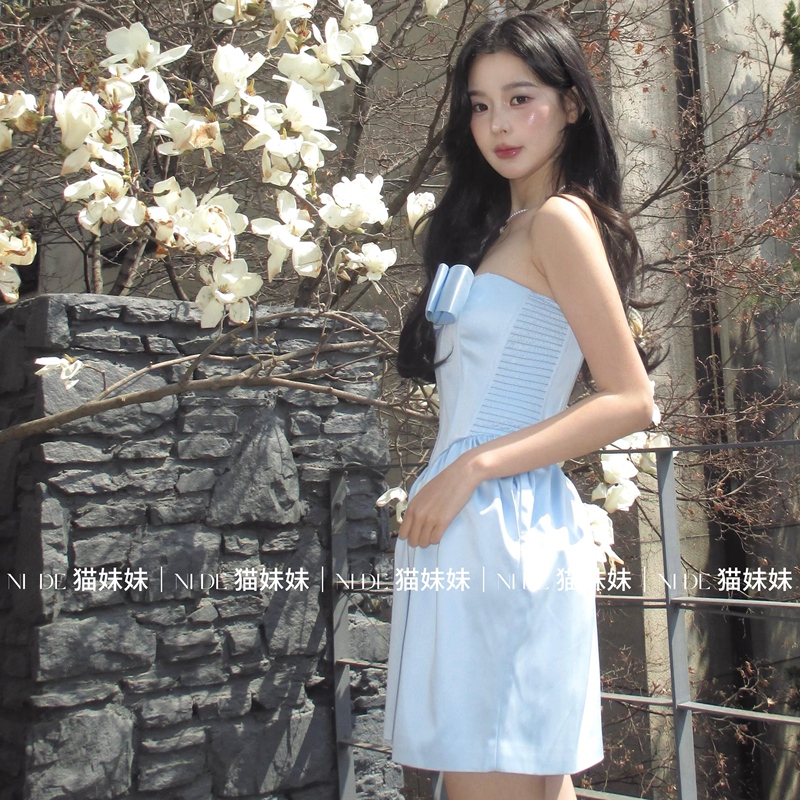 In Stock! 2025 Spring/Summer New Style Bow-Knot Satin/Jacquard Strapless Stretch Dress