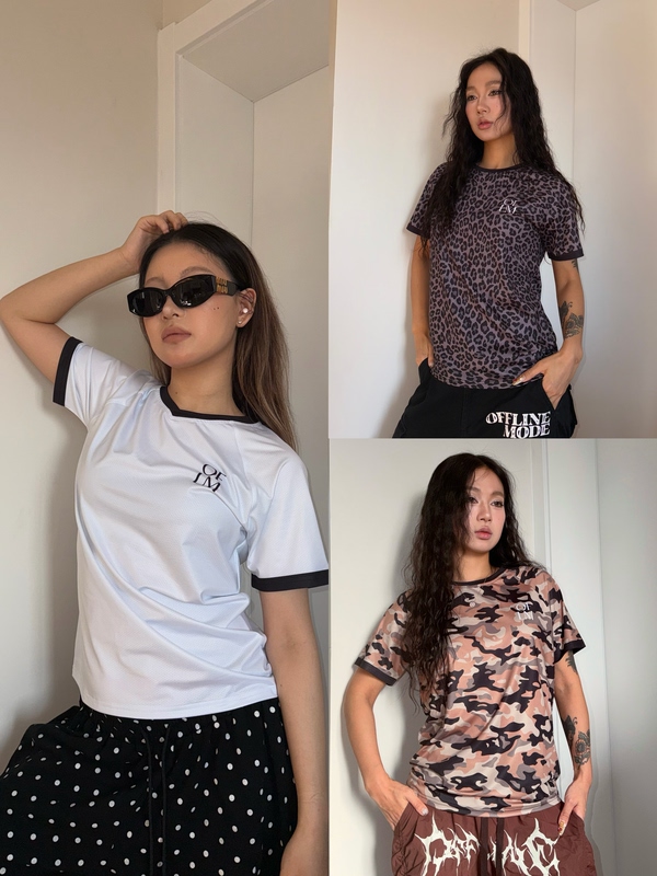 Offline American Retro Leopard Print Camouflage Short-Sleeved T-Shirt for Women Casual Street Dance Versatile Sports Quick-Drying Clothing
