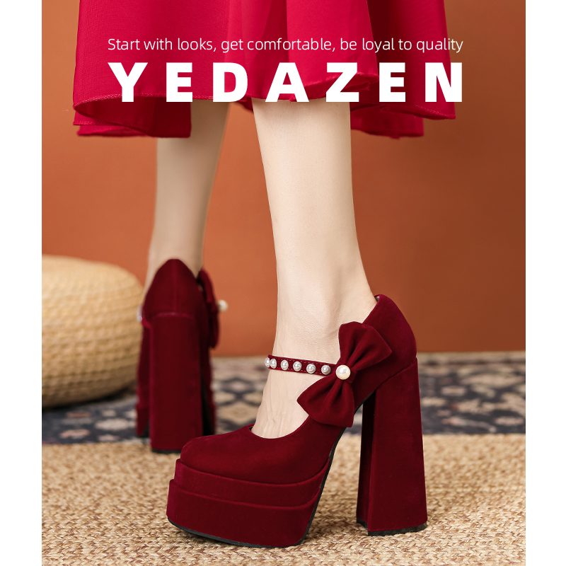 French-Style Stunning 15cm Petite Dress Ultra-High Heel Xiuhe Wedding Shoes Bridal Shoes Chunky Heel Platform Red Single Shoes