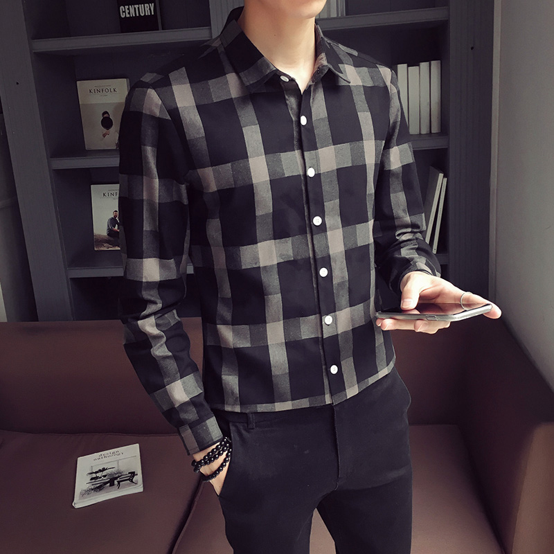 2018秋季经典黑白格子衬衣男韩版长袖衬衫cotton Plaid Shirt men