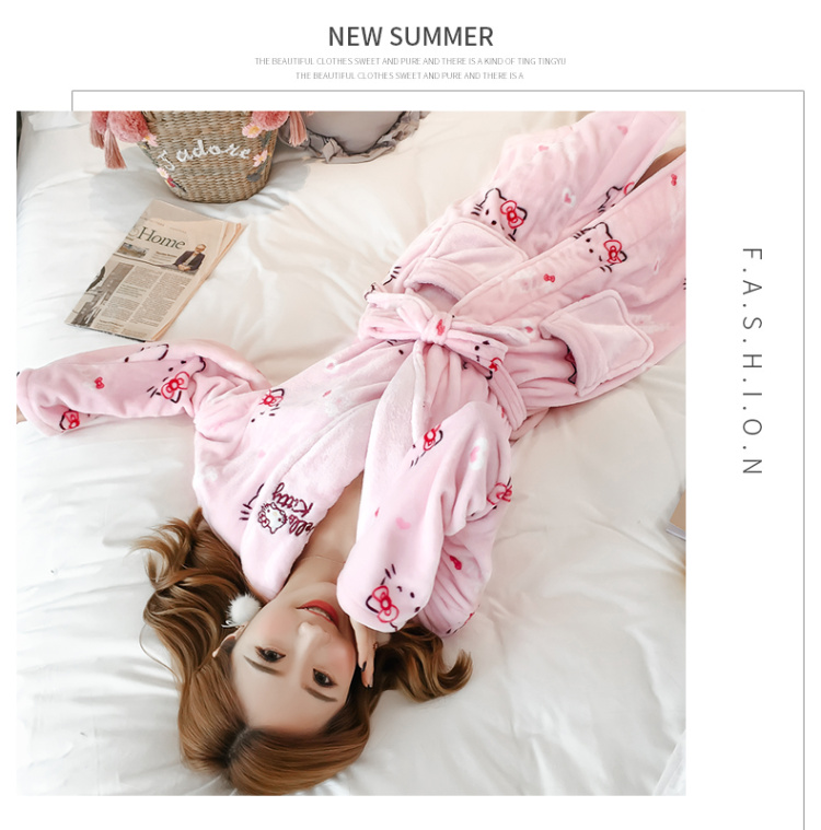 Pyjama Winter Coral Lông cừu Hàn Quốc Ngọt ngào dễ thương KT Cat Princess Wind Flannel Áo choàng dày áo choàng ngủ