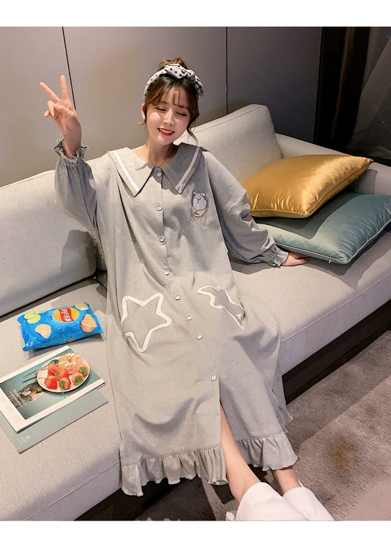 Bộ đồ ngủ nữ mùa xuân và mùa thu cotton tinh khiết dài tay ngọt ngào và đáng yêu ngôi sao áo sơ mi dài kiểu dáng váy ngủ Hàn Quốc phục vụ tại nhà - Đêm đầm