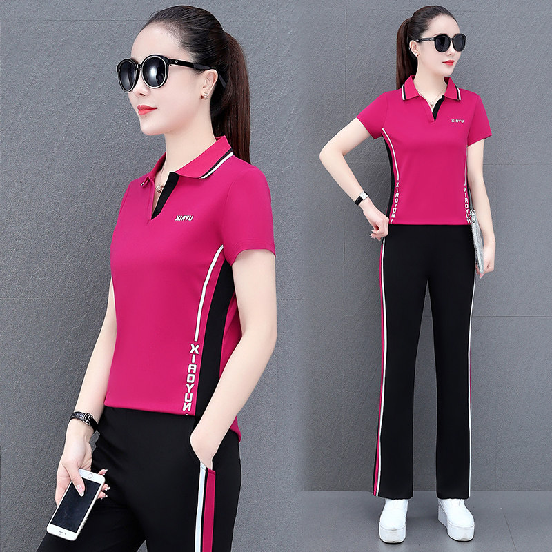 361 Jordano brand Korean casual sportswear two-piece suit women's summer new stand-up collar T-shirt cotton nine-point pants