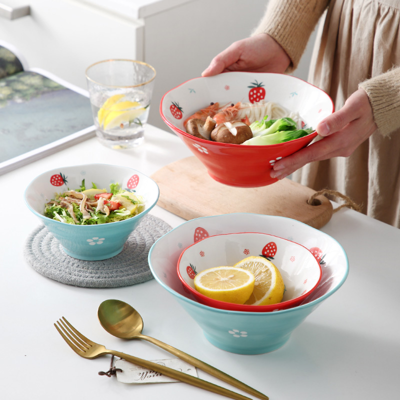 Ceramic Day Style Pull Noodles Bowl Creative Strawberry Bucket Hat Bowl Horn Foam Noodles Bowl Home Dining Room Size Spec Salad Bowl