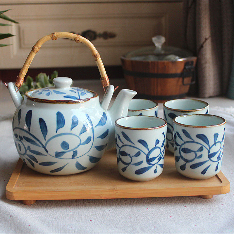 Ceramic large teapot Japanese-style teapot set blue rattan hand-painted pot teacup dining room household underglaze color beam pot water cup