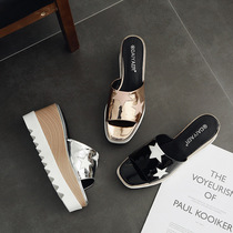 Net red slippers Women summer fish mouth sandals women 2021 New Korean version of wearing lazy people slope with stars Pine cake platform shoes