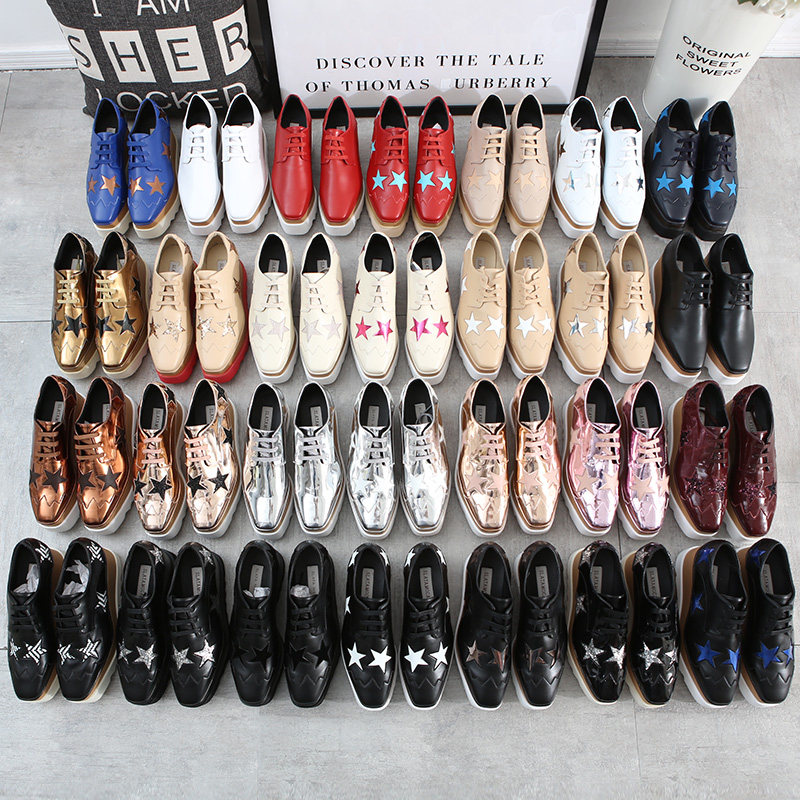Platform shoes women's thick bottom square head heightened wedge heel stella star shoes spring and autumn leather British style platform shoes