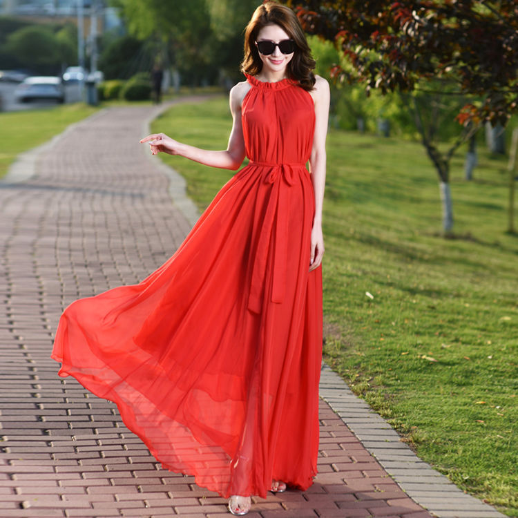 Extra Long Ankle-Length Dress 2026 New Bohemian Solid Color Chiffon Plus Size Dress Vacation Beach Dress Super Fairy-Like