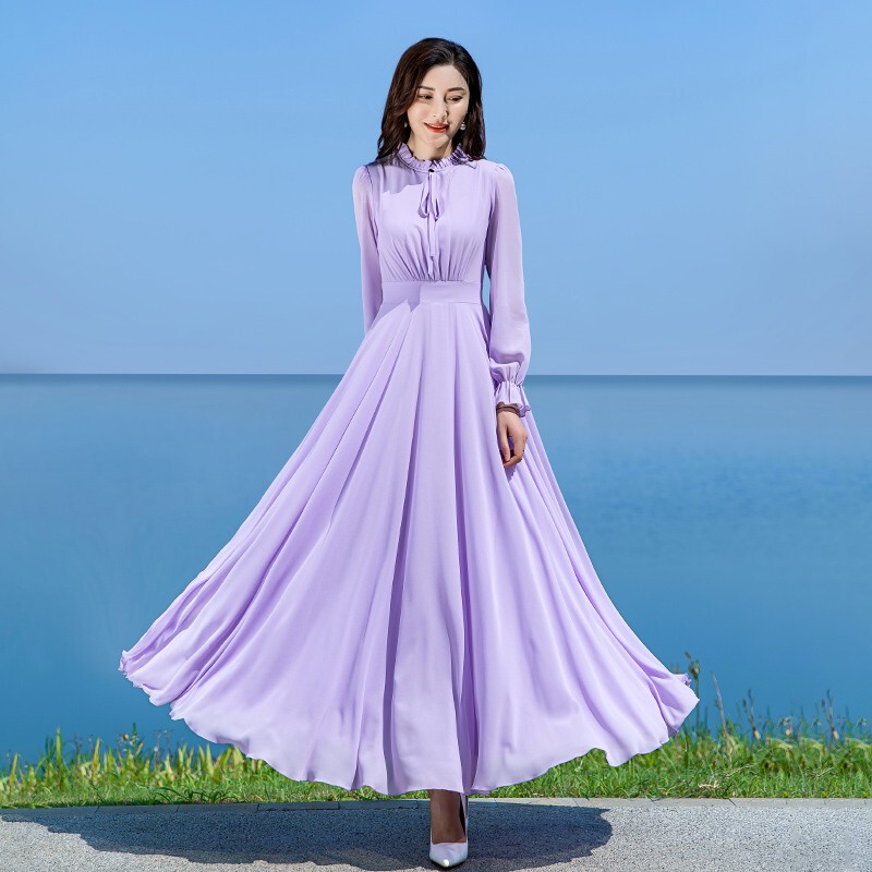 Early Autumn Long Chiffon Dress for Women 2025 New Autumn Slimming Elegant Large Hem Vacation Beach Long Dress Super Fairy-Like