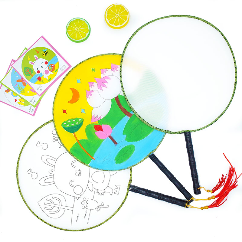 Cartoon fan diy material bag children's blank handmade round fan painting fan painting hand-painted fan painting palace fan