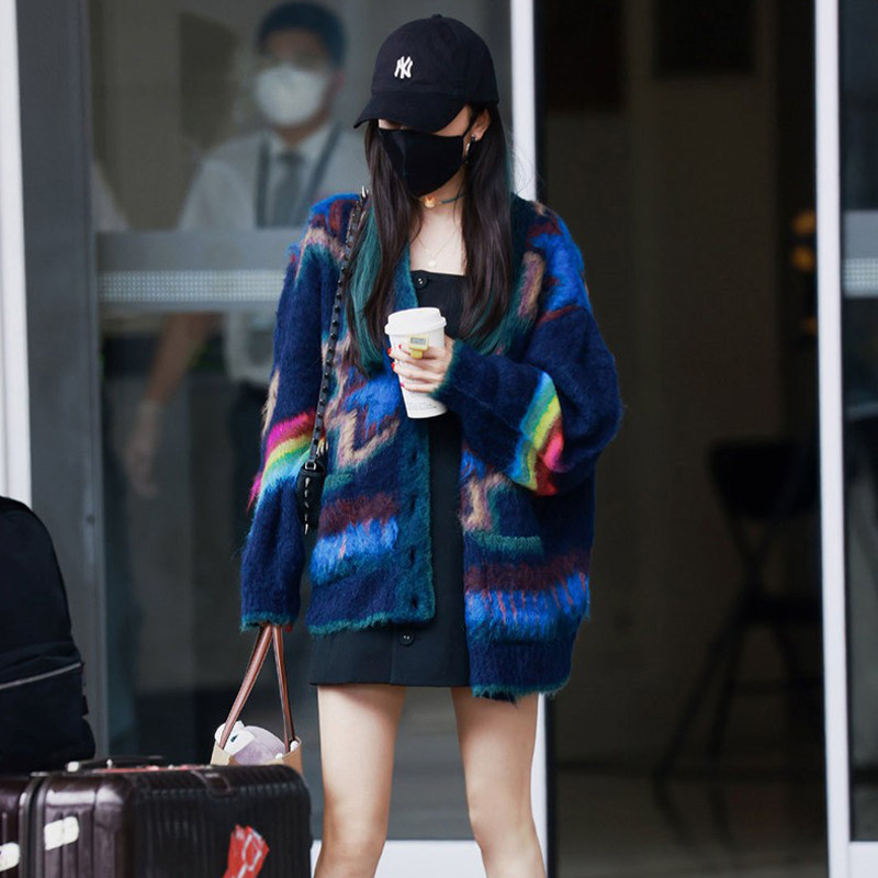 Yang Mi (the same style as the star) women's mohair rainbow sweater thickened autumn and winter mid-length loose knitted cardigan