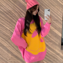 High-quality smiley pink sweater womens 2022 autumn and winter new mid-length loose and lazy wind knitted sweater top
