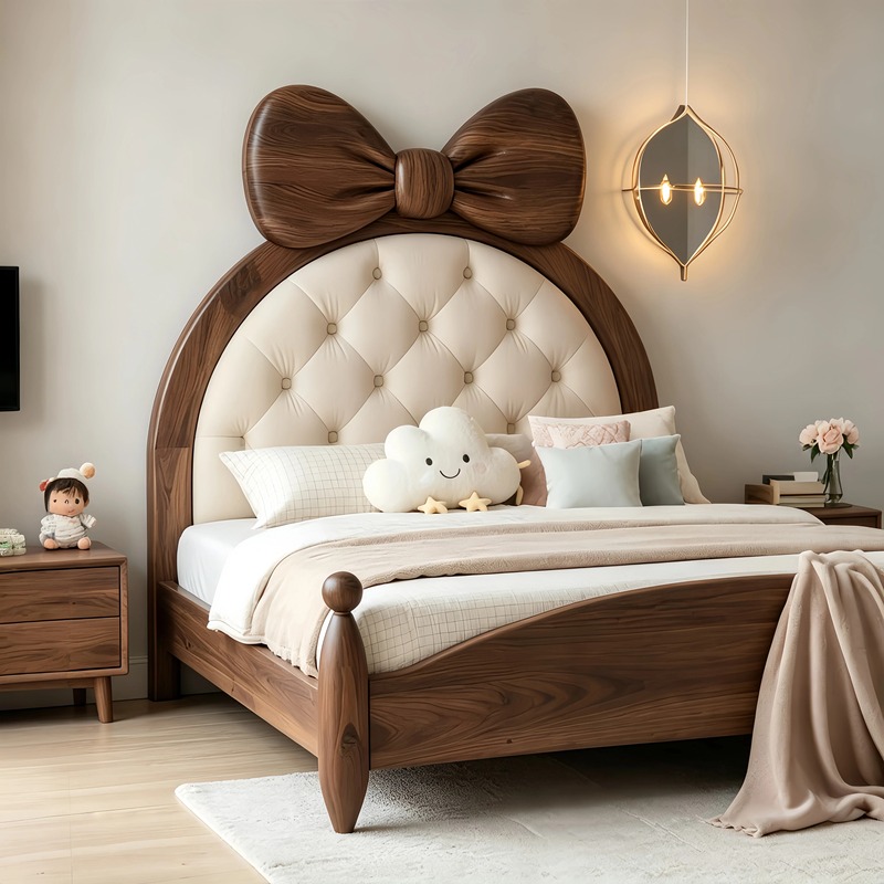 New Chinese-Style Bow-Knot Warm and Childlike Walnut Classic Noble Double Bed with a Soft and Comfortable Atmosphere, Princess Bed