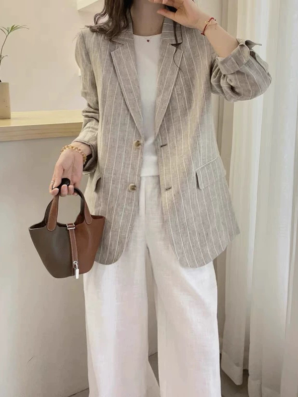 Striped Linen Thin Suit Jacket for Women Korean Style Fashion Versatile High-End Loose Slim Suit Top Summer