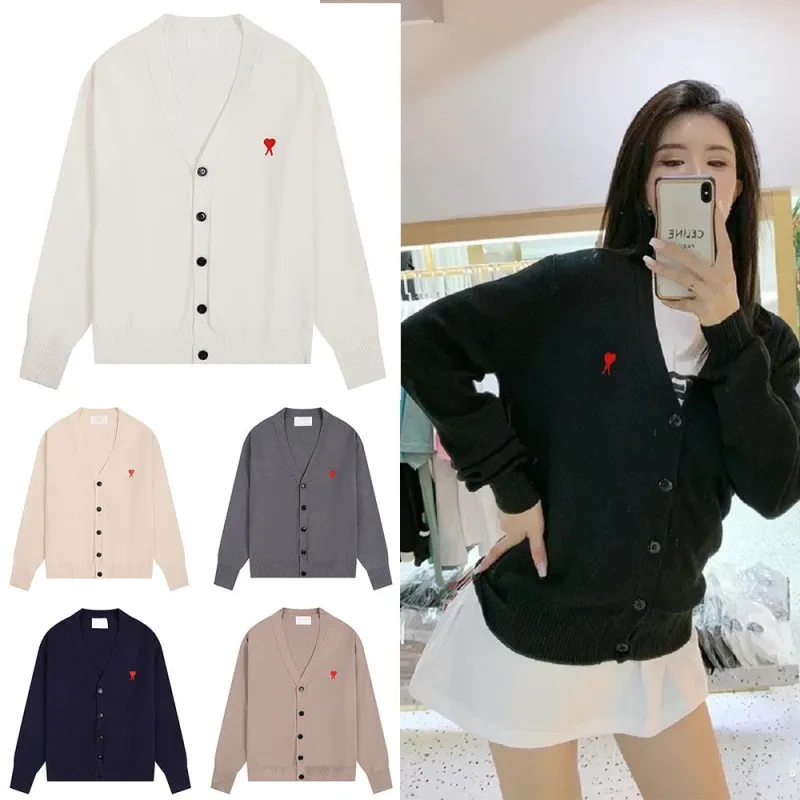 Cross-Border Am* Cardigan Sweater with Large Heart Jacquard, Loose, Casual, Lazy Style, Couple Style Knitwear