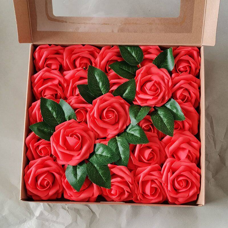 Amazon box 8CM simulation rose with leaves plus blossom European PE foam DIY material