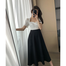 Goo Custom Black Dress Dress Woman 2022 Summer New Style Cashew Cashew Slim Temperament Square Collar A
