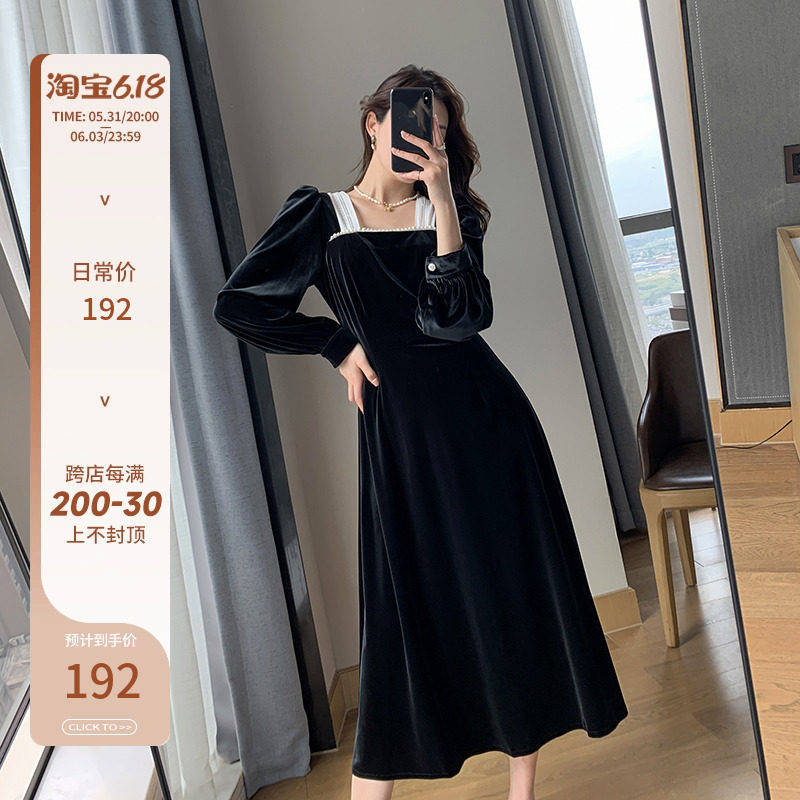 FT GUOGE Black Golden Velvet Dress Female 2020 New Fall French Flavor Small Black Dress