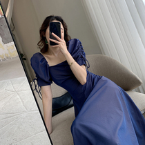 FT GUOGE BLUE DRESS Dress Woman 2022 Summer New square collar collection waist display slim temperament Bubble Sleeves A dress