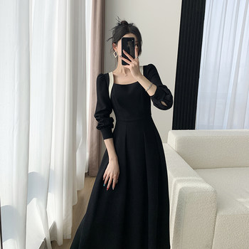 FTGUOGE black dress women's 2023 spring new style waist slimming Hepburn style square collar little black dress