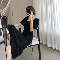 Goo Custom Black Dress Dress Woman 2022 Summer New Side Collar Collection Waist Display Slim Hburn Knitwear Long Dress