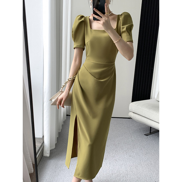 Guoge customized green dress female 2023 summer new high-end waistline slim temperament square collar long skirt