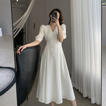 FT GUOGE white dress woman 2022 Summer new V collar French style vintage collection waist display slim temperament long dress