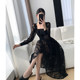 FTGUOGE黑色连衣裙女2023春装新款方领法式复古赫本风蕾丝小黑裙