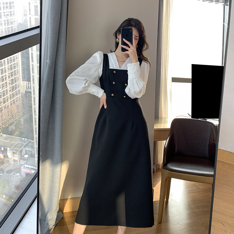 FT GUOGE black cuddling bag for women 2022 spring dress new collection waist display slim temperament French style two sets of skirts