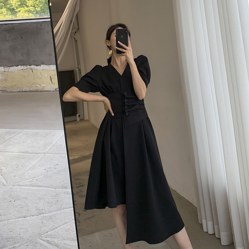 Goo Custom Black Ocean Dress Woman 2022 New Summer Fashion Style Retro Small Crowd Design Sensational V Collar Long Dress