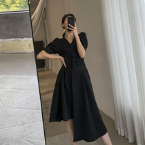 Goothic Custom Black Dress Dress Woman 2022 New Summer Fashion Style Retro Small Crowd Design Sensational V Collar Long Dress