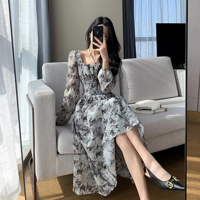 Guoge custom jacquard dress female 2023 spring new long-sleeved French light luxury thin square collar mid-length skirt