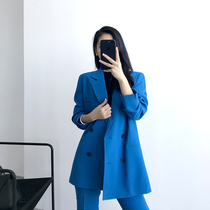 2020 autumn British style blue casual suit suit female Korean temperament nine-point pants suit fashion two-piece suit