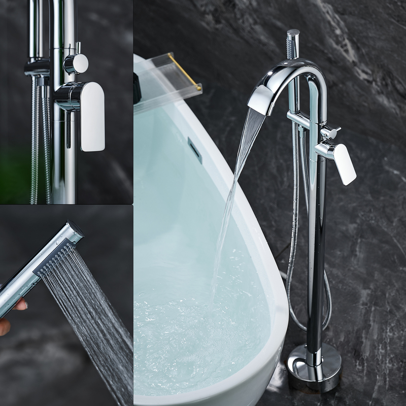 Electroplated Floor-Standing Waterfall Bathtub Faucet, Large Flow, All-Copper, Hot and Cold, Freestanding Bathtub Faucet with Showerhead Electroplated Floor-Standing Waterfall Bathtub Faucet, Large Flow, All-Copper, Hot and Cold, Freestanding Bathtub Faucet with Showerhead
